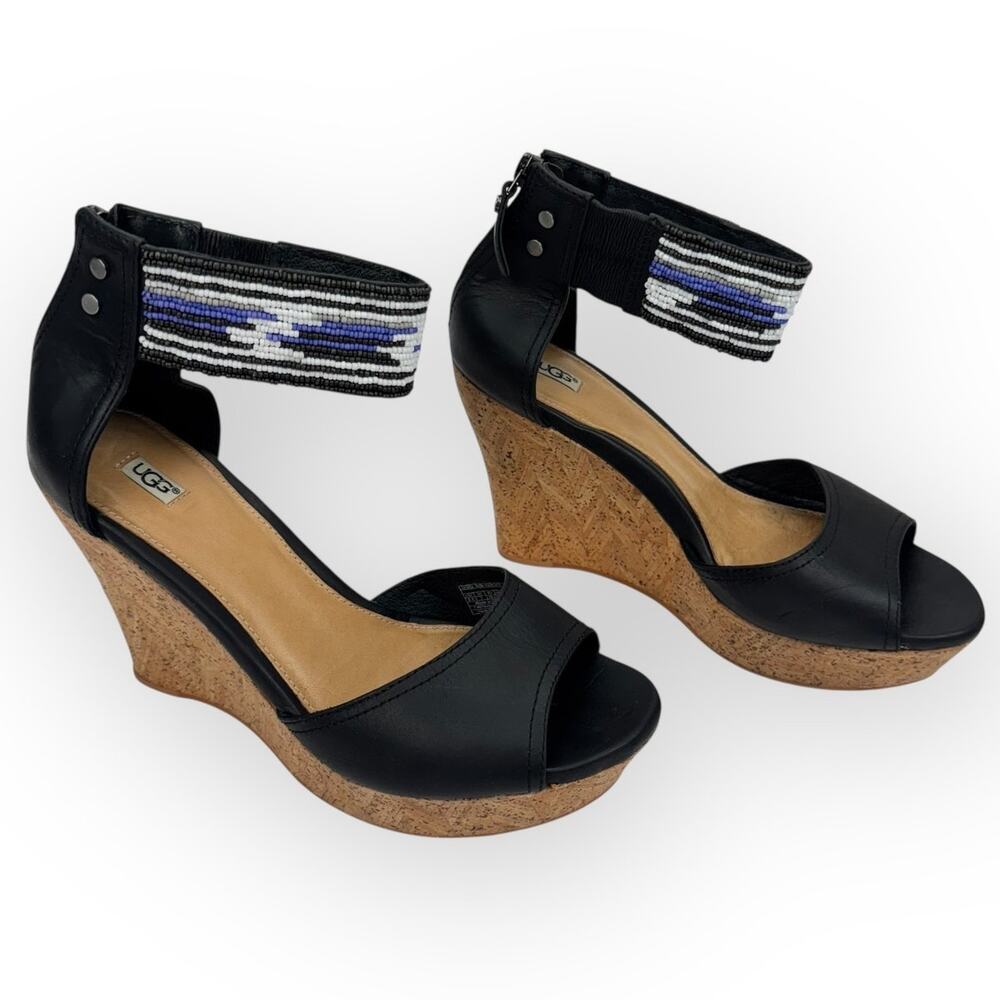 Ugg Black Leather Beaded Ankle Strap Cork‎ Platform Wedge Sandals 8.5 Breathable